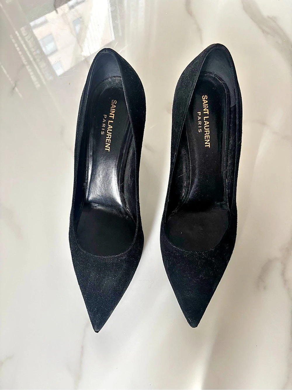 Saint Laurent Anja Pointed Toe Pumps in Black Suede Black Suede Heels